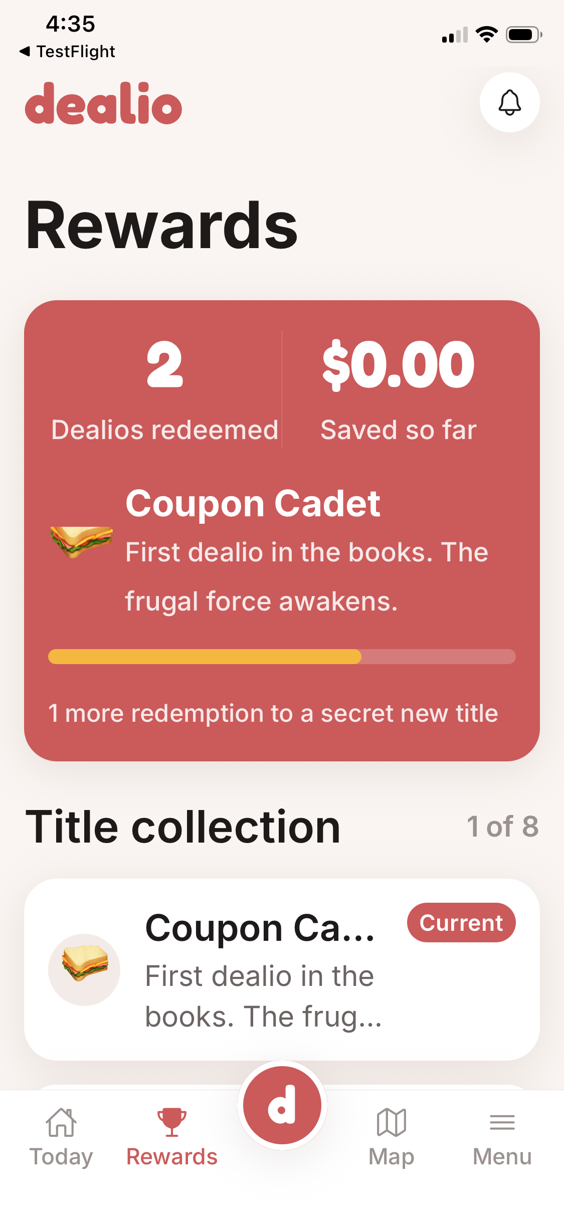 The Dealio app showing redemptions, dollars saved and reward titles