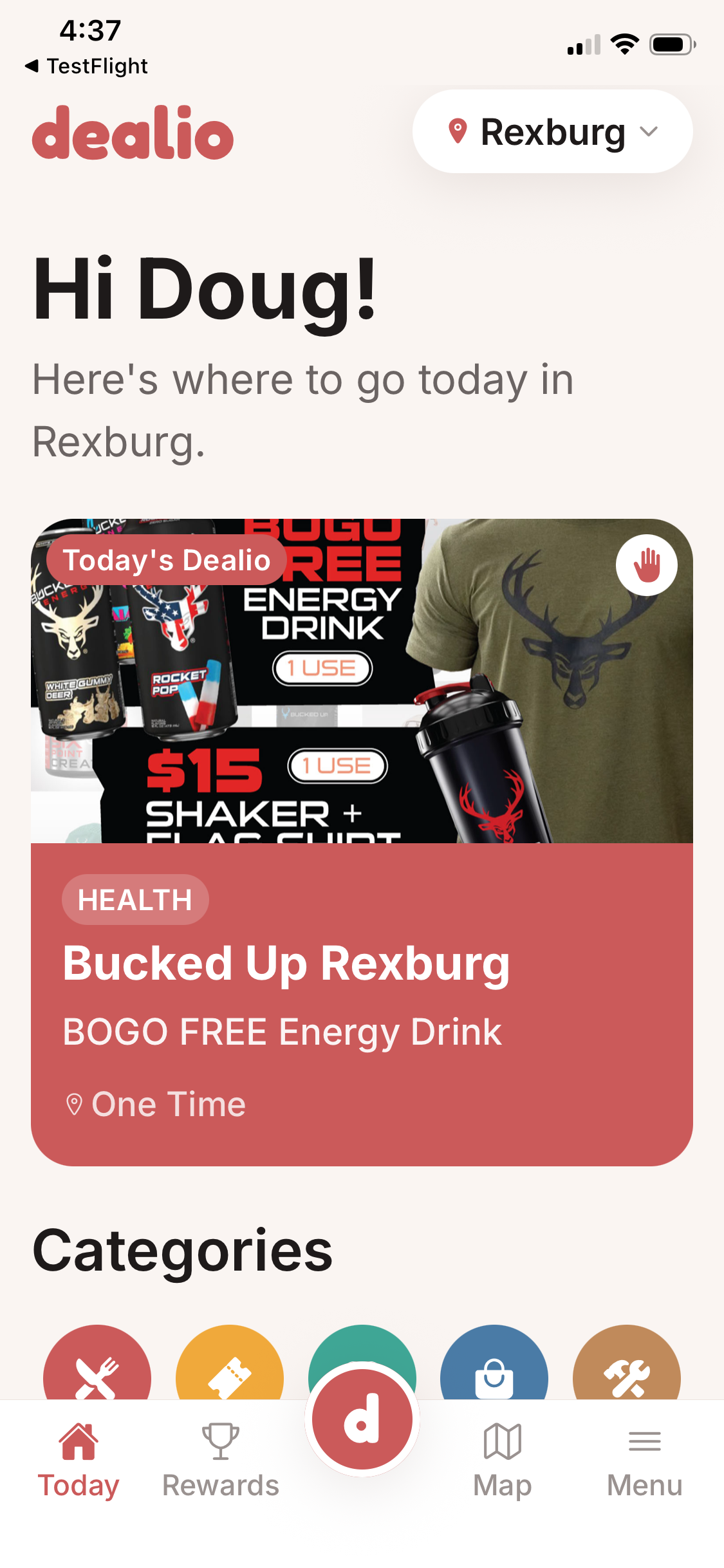 The Dealio app showing today's deal and the category row